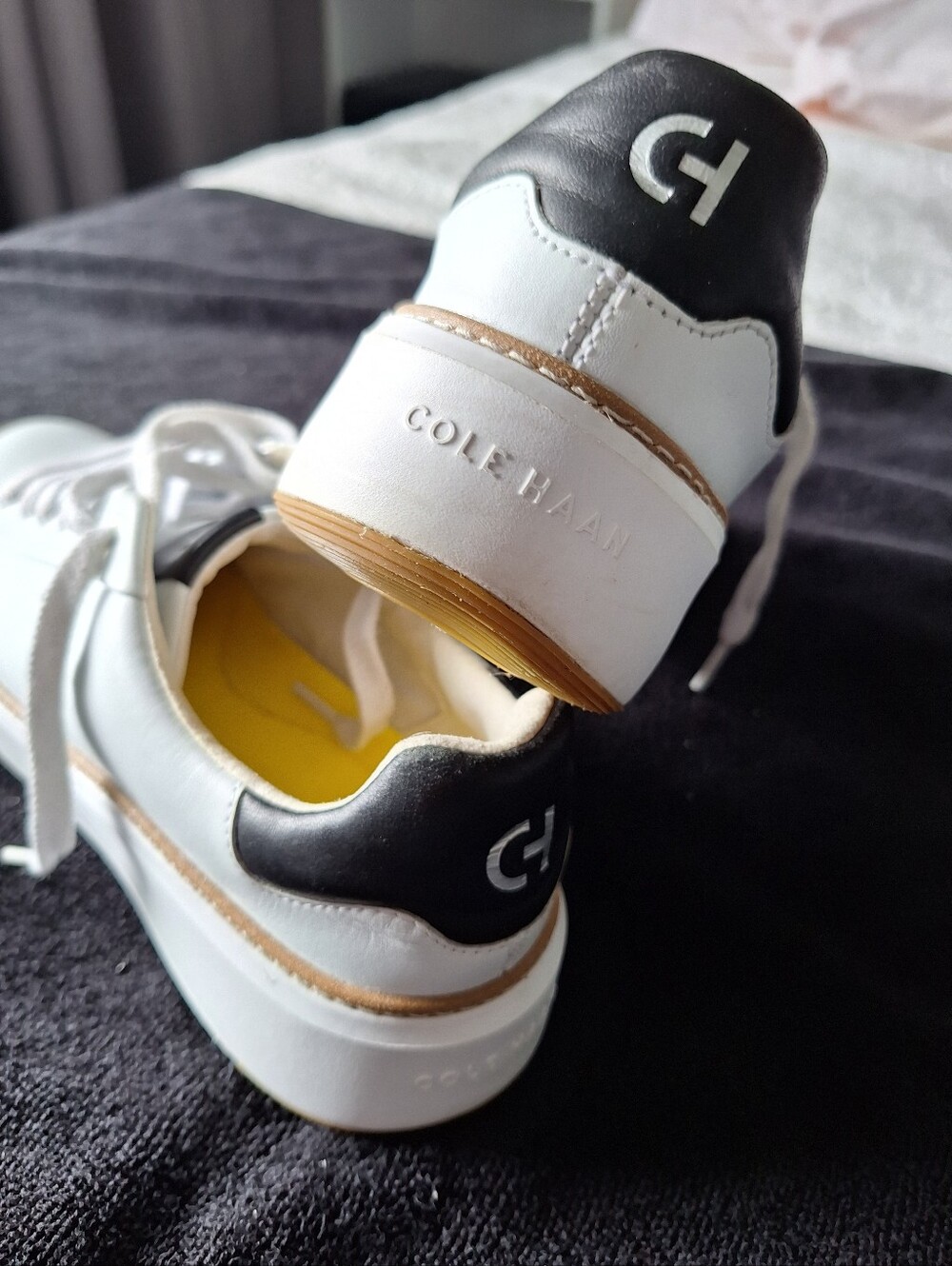 Cole Haan White Leather Sneakers with Black Heel and Tan Trim, Size 9B